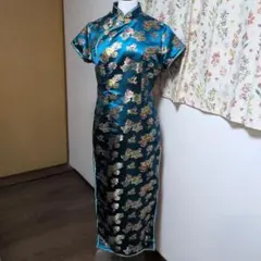 美品 ティール花柄刺繍チャイナドレス
