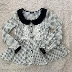 白黒 水玉模様 春のレース入りブラウス レディース M