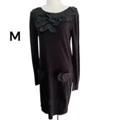 美品✨Kawori Okada 黒 花柄膝丈ニットワンピ Mオールシーズン