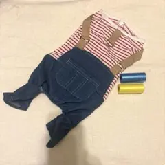 新品未使用犬服 オーバーオール風 つなぎ ボーダー デニム ペット服　L 赤のサムネイル