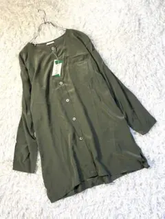 タグ付 CALAVAN シルク100% ロングシャツ カーキ M ゆったり 上質のサムネイル