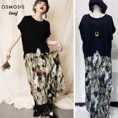 osmosis loaf 異素材切り替えドッキングワンピースロングワンピ幾何柄黒
