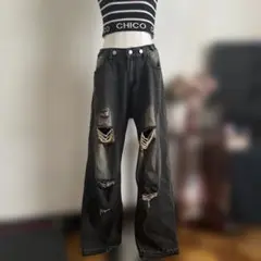 しまむら＊ダメージワイドデニムパンツ＊M