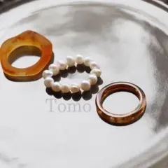 べっこう 風 リング パール 大理石 指輪セット 3点 ブラウン系 お洒落 茶