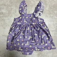 美品　90センチ花柄フリル付きベビー水着（紫色）