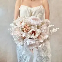 【ブートニア無料】 ウェディングブーケ ホワイト 前撮り 韓国風 造花