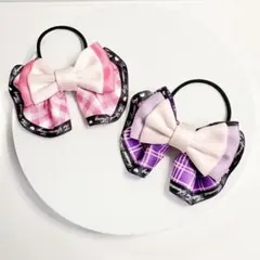 【ハンドメイド】ヘアゴム リボン キッズ チェック 2個セット