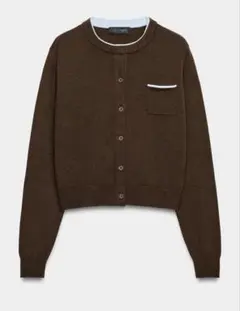 今季　ZARA コントラストニットカーディガン　L ブラウン　水色