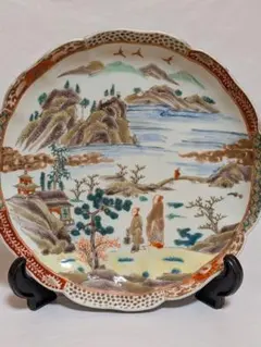 骨董・美品】大日本九谷造 赤絵 高砂図 飾り皿/大皿/径40cm弱 明治期