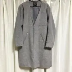 グレー ロング　ノーカラーコート