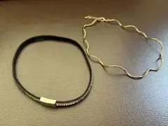 【2点セット】ラインストーン2WAYチョーカー＆ゴールドウェーブネックレス