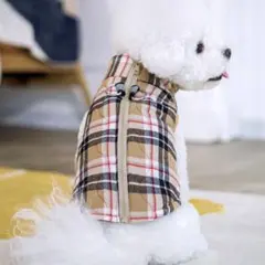 犬服 犬用コート　ベージュ チェック柄 ジッパー付き