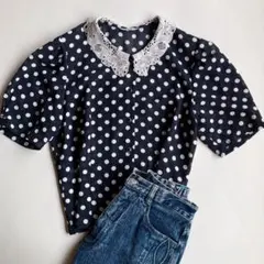 used レトロ レース襟 ドット ブラウス 古着 ヴィンテージ vintage