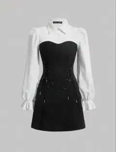 SHEIN ワンピース モノトーン 白 黒 ブラウス リボン付き