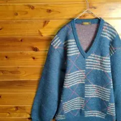 レトロ　ヴィンテージ　ニット　セーター　Vネック　幾何学模様　青　Ⅿ　ウール