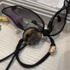 ★⭐︎ヘアゴム449の1キラキラ鼈甲柄アセテート素材ブラックウサ耳ビジューゴム高級