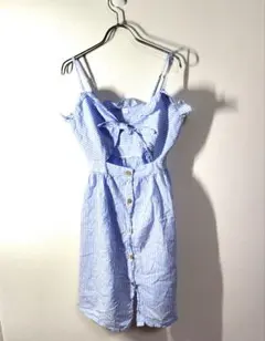 キャミソールワンピース✨️胸リボン　ハーフボタン　水色　ストライプ　S