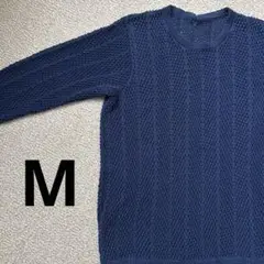 ＊ハンドメイド＊ネイビー＊編み目ストライプ模様 ＊トップス＊M＊