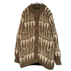 ニット カーディガン 茶　花　刺繍　ウール混　裏地