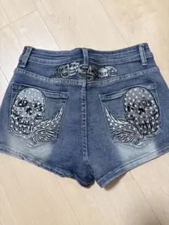 ROMWE スカル刺繍 ラインストーン デニム ショートパンツ S