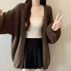 ブラウン ニットカーディガン ルーズシルエット レトロ風 羽織り ゆるかわ