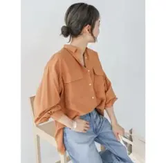 アメリカンホリック　接触冷感Wポケット袖タックシャツチュニック オレンジ　シャツ