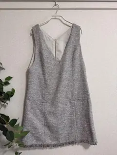 Mystrada ノースリーブVネックワンピース グレー系 ツイード　フリンジ