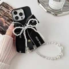 iPhoneケース　15PRO　黒　可愛い　リボン　ストラップ付き　パール　韓国