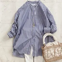 極美品　洗濯機可能　REPREVE バンドカラーシャツ　ストライプ