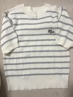 ホワイト/グレー ボーダー 半袖トップス　韓国風