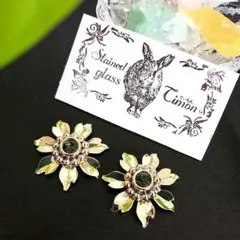 花❀ゴールドカラー 2way ポストピアス 緑 グリーン No.753