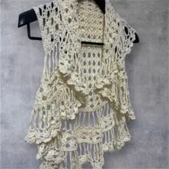 アイボリー個性派編みショート丈ベスト/カジュアル個性スタイル古着ジレ季節問わず