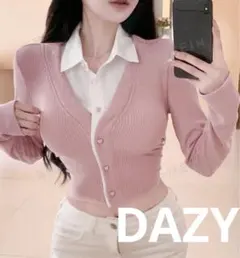 DAZY ハートボタン シャツレイヤードリブトップス
