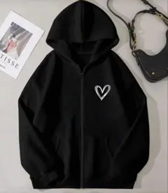 ハートプリント 黒 ジップパーカー Mサイズ 韓国風 レディースカジュアル