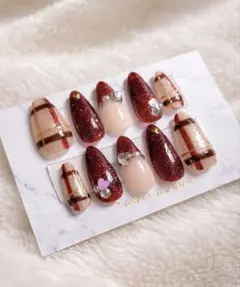 バーガンディ　チェック　ネイルチップ　推し活ネイル　レッド　オーダーあり