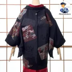 羽織 一つ紋 正絹 金銀漆糸 色紙に枝梅 黒 アンティーク着物 A-1595