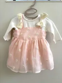 プティマイン　ベビー服 花柄刺繍ピンクレイヤードワンピース