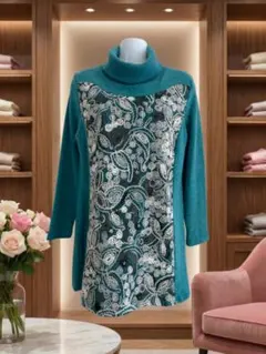 【新品タグ付】ターコイズ 立体レース刺繍タートルチュニック M-L