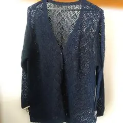 ダークブルー 編み模様 カーディガン 長袖