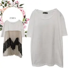 【ザラ】ZARA♡異素材ドッキングレース切替半袖Tシャツチュールレース【L】 白のサムネイル