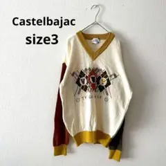 カステルバジャック▶Vネックニット 白 黄色 ゴルフ柄 サイズ3 日本製 麻混のサムネイル