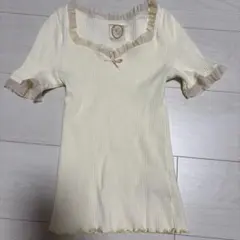 フリルネック 半袖リブTシャツ ホワイトのサムネイル
