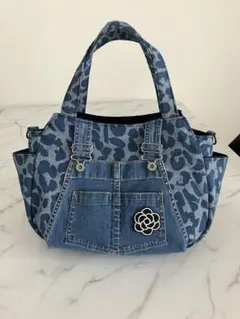 1134大きめヒョウ柄デニムリメイクバック オーバーオールデニム　ハンドメイド