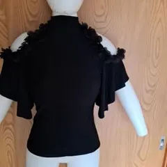 社交ダンス　ホルターネックフラワーオーガンジー付きブラックレッスンウェア