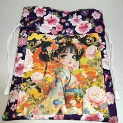 花柄和風イラスト巾着袋