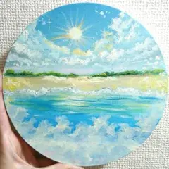 丸形キャンバス アクリル画 ビーチ ブーゲンビリア 海辺 絵画 イラスト
