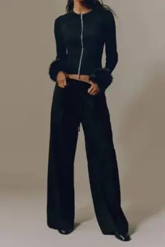 H&M ドローコード付き ワイドパンツ ブラック 36