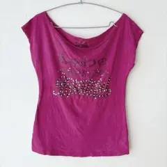 レア ベベ カットソー Tシャツ ボートネック L ピンク 綿 ラインストーン