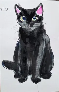 黒猫　絵画　イラスト　ドローイング No3040ドローイング水彩画黒猫 - メルカリ