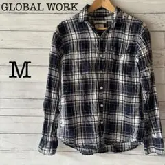 GLOBALWORK グローバルワーク　メンズ 長袖リネンシャツ チェック柄 M